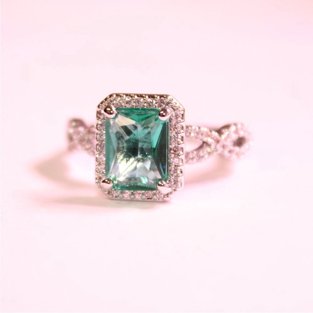Green Emerald-Cut Halo Ring with Pave Band - Women Jewelry